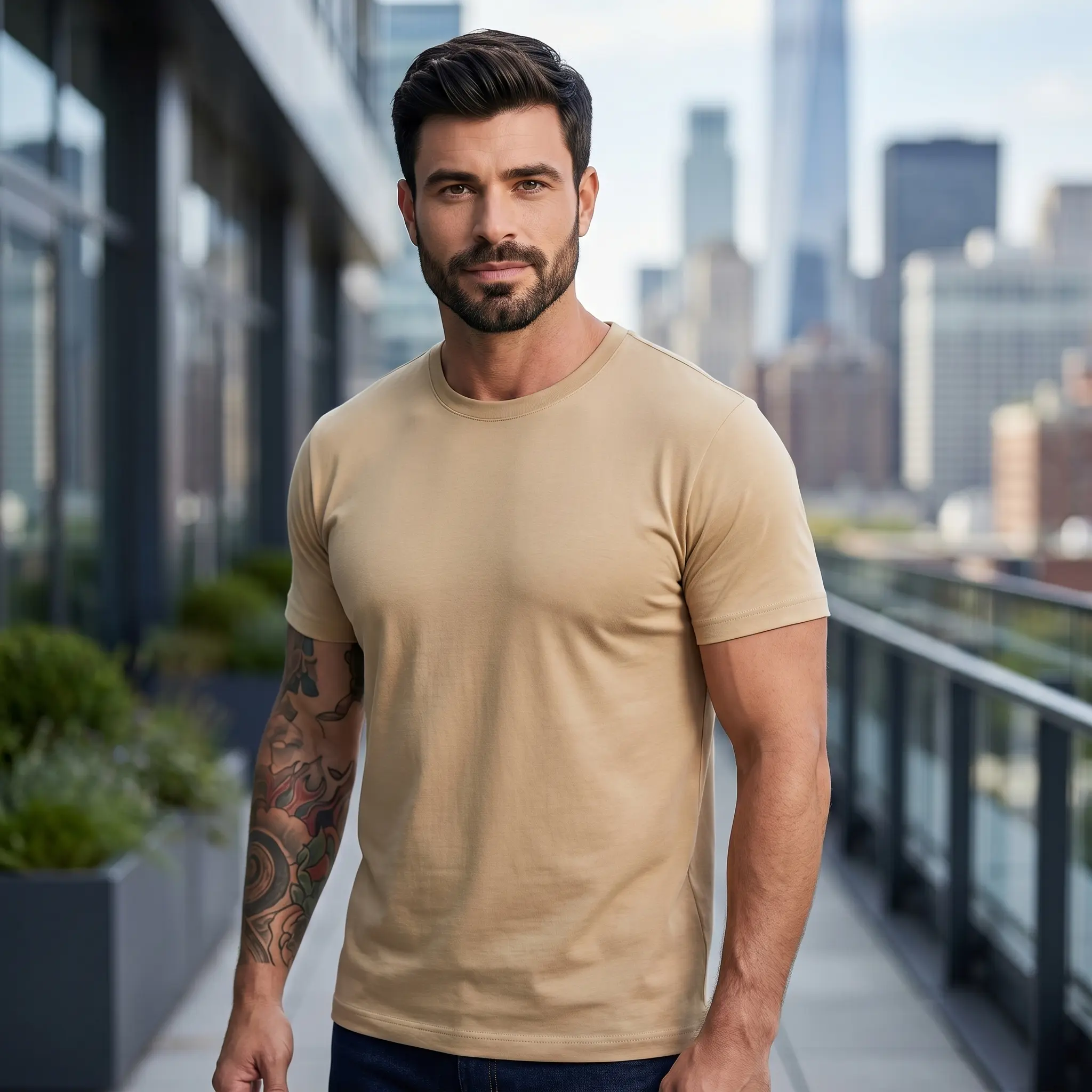 Modelo vestindo camiseta bege